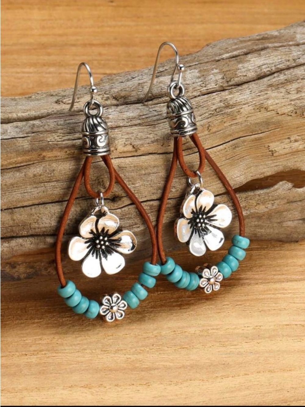 Boho Turquoise Bead & Flower Drop Earrings - Women’s Costume Jewelry